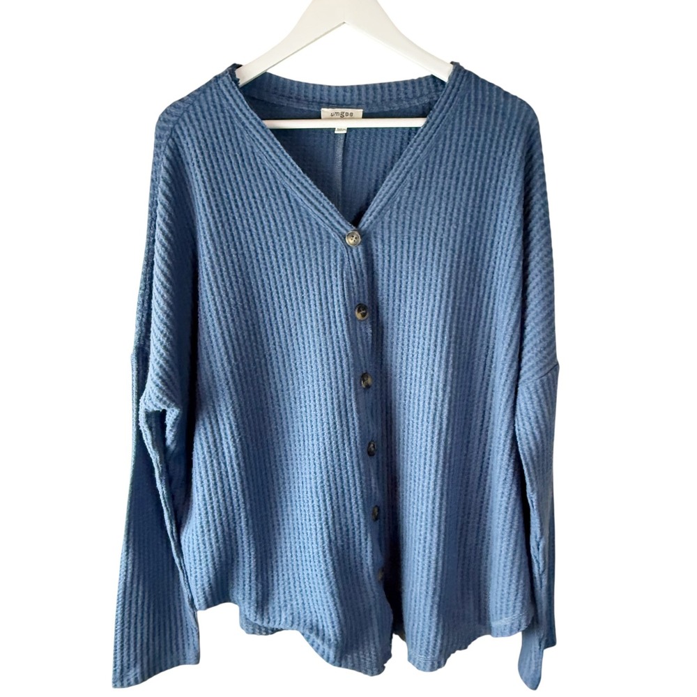 Umgee Women Blue Waffle Knit Button Front V-Neck Cardigan Sweater Large